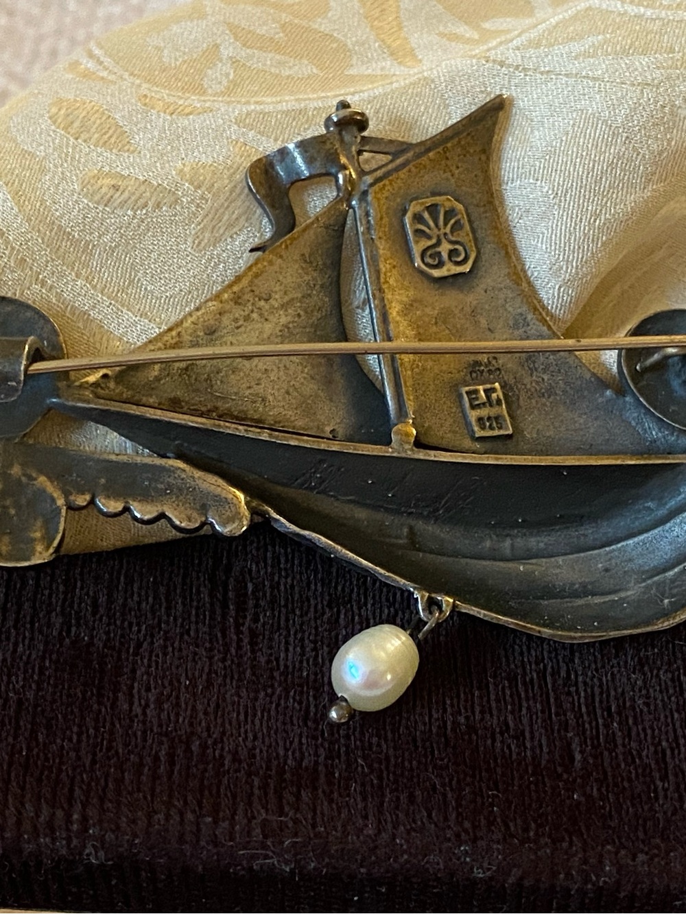 Collector's piece. Vintage boat brooch, marked/signed, with pearl accent.